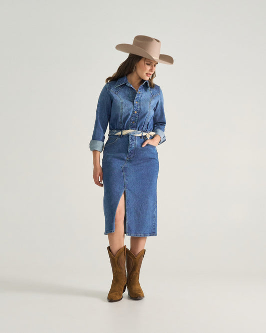 Women's Long Sleeve Denim Midi Dress | Tecovas Women