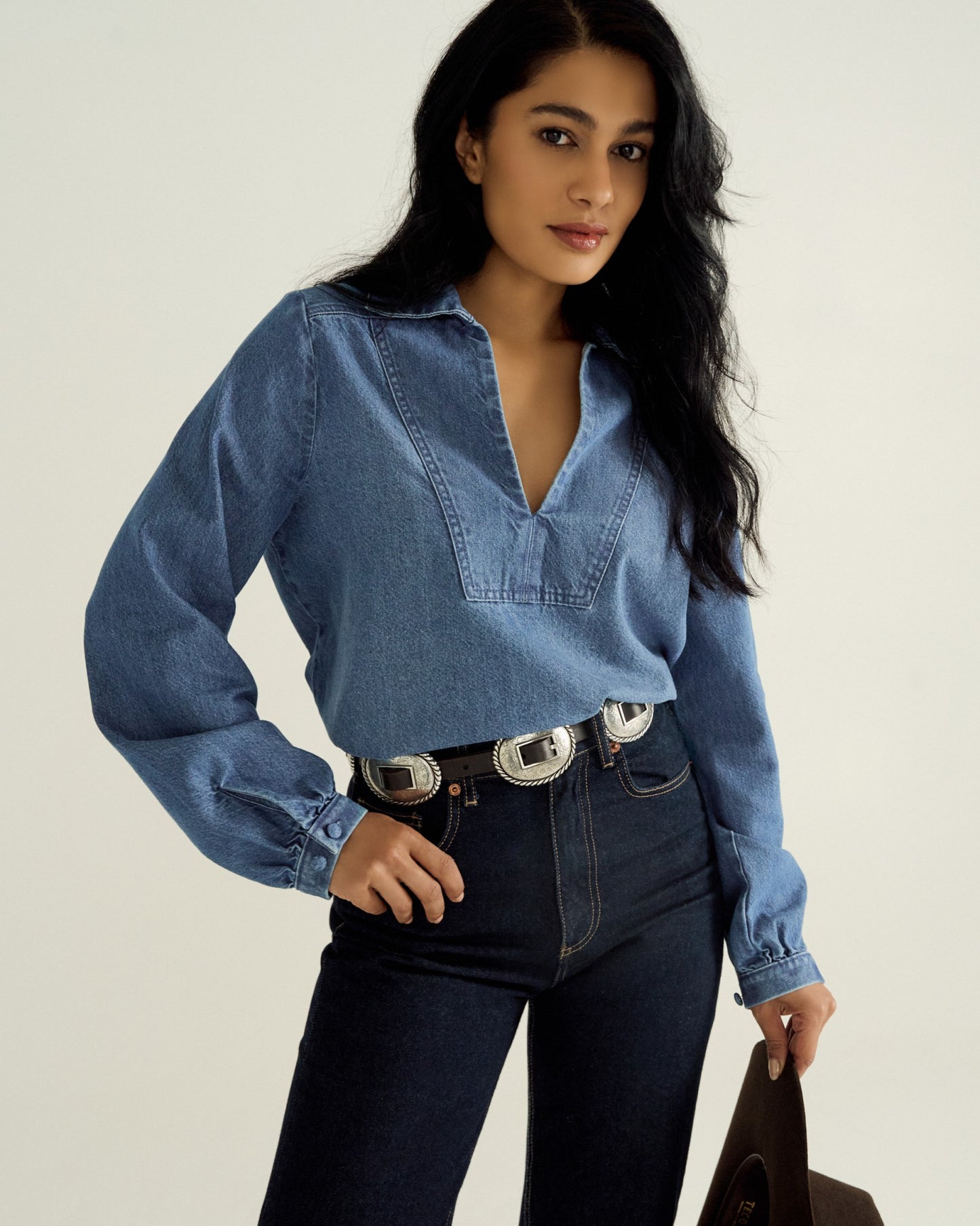 Women's Long Sleeve Denim Popover Top | Tecovas Women