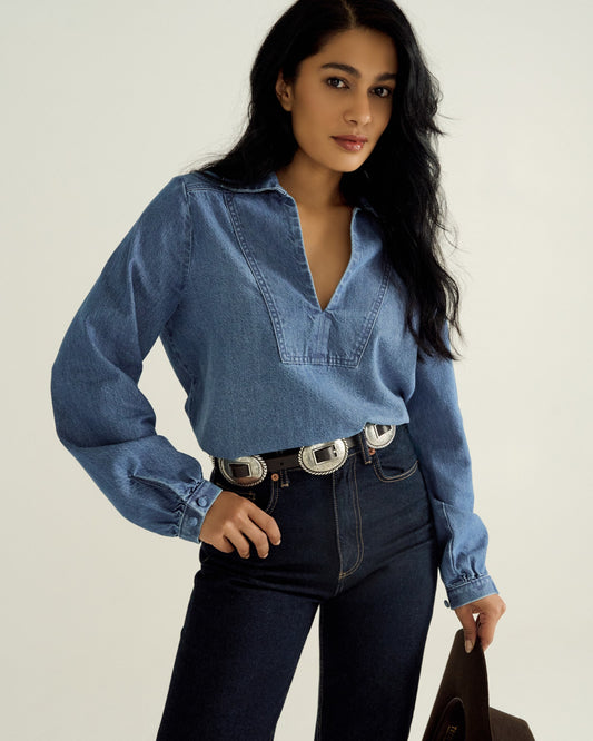 Women's Long Sleeve Denim Popover Top | Tecovas Women