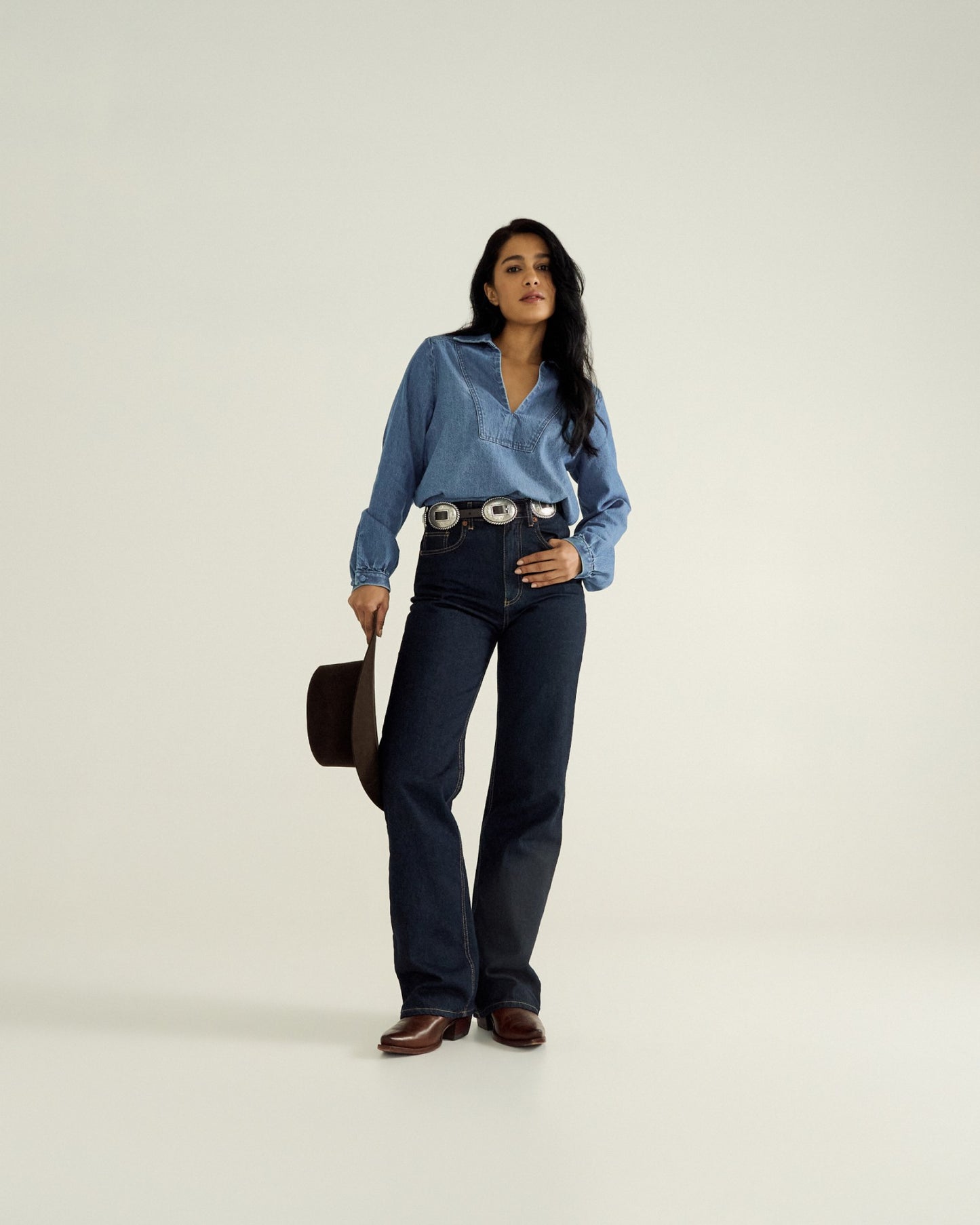 Women's Long Sleeve Denim Popover Top | Tecovas Women